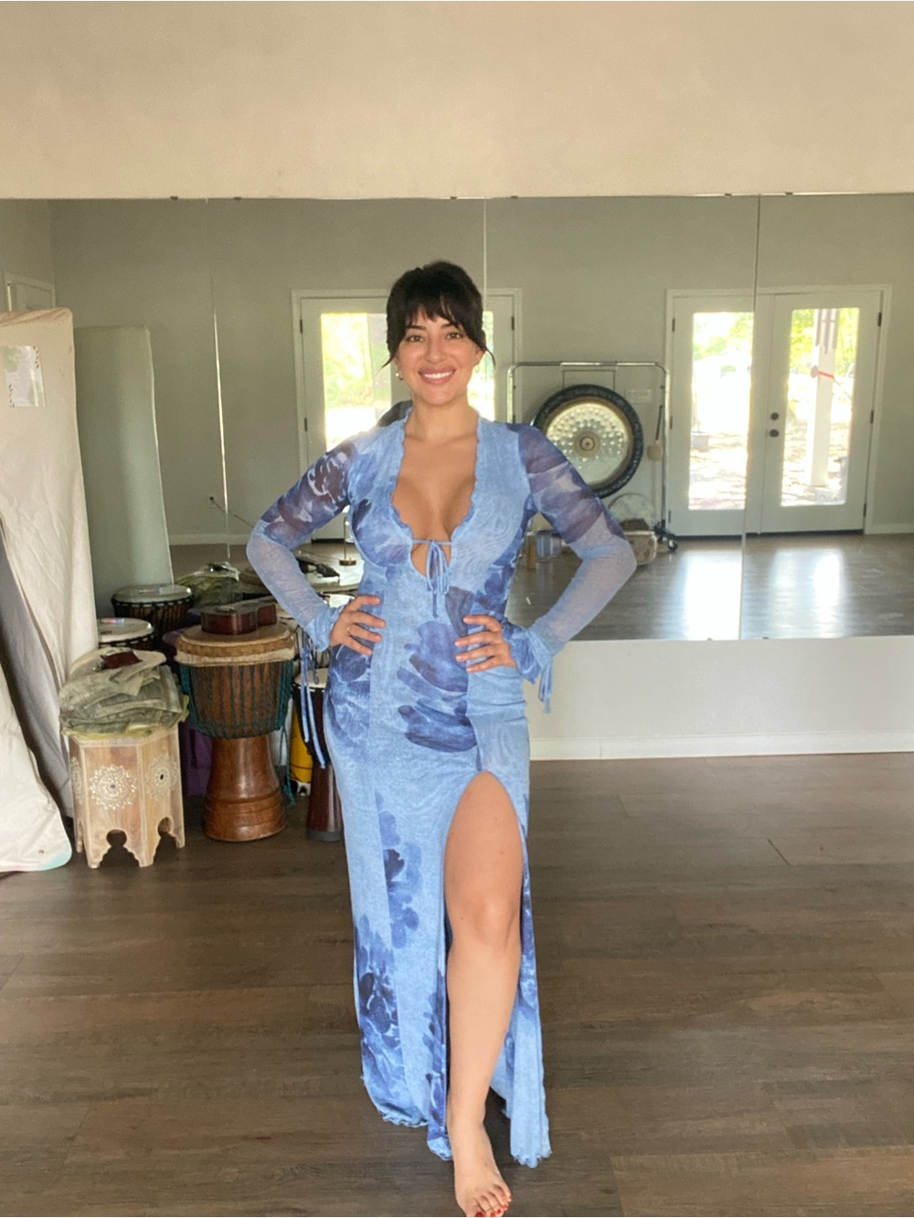 RESA Blue Floral Tie-Front Long Sleeve Maxi Dress with High Slit